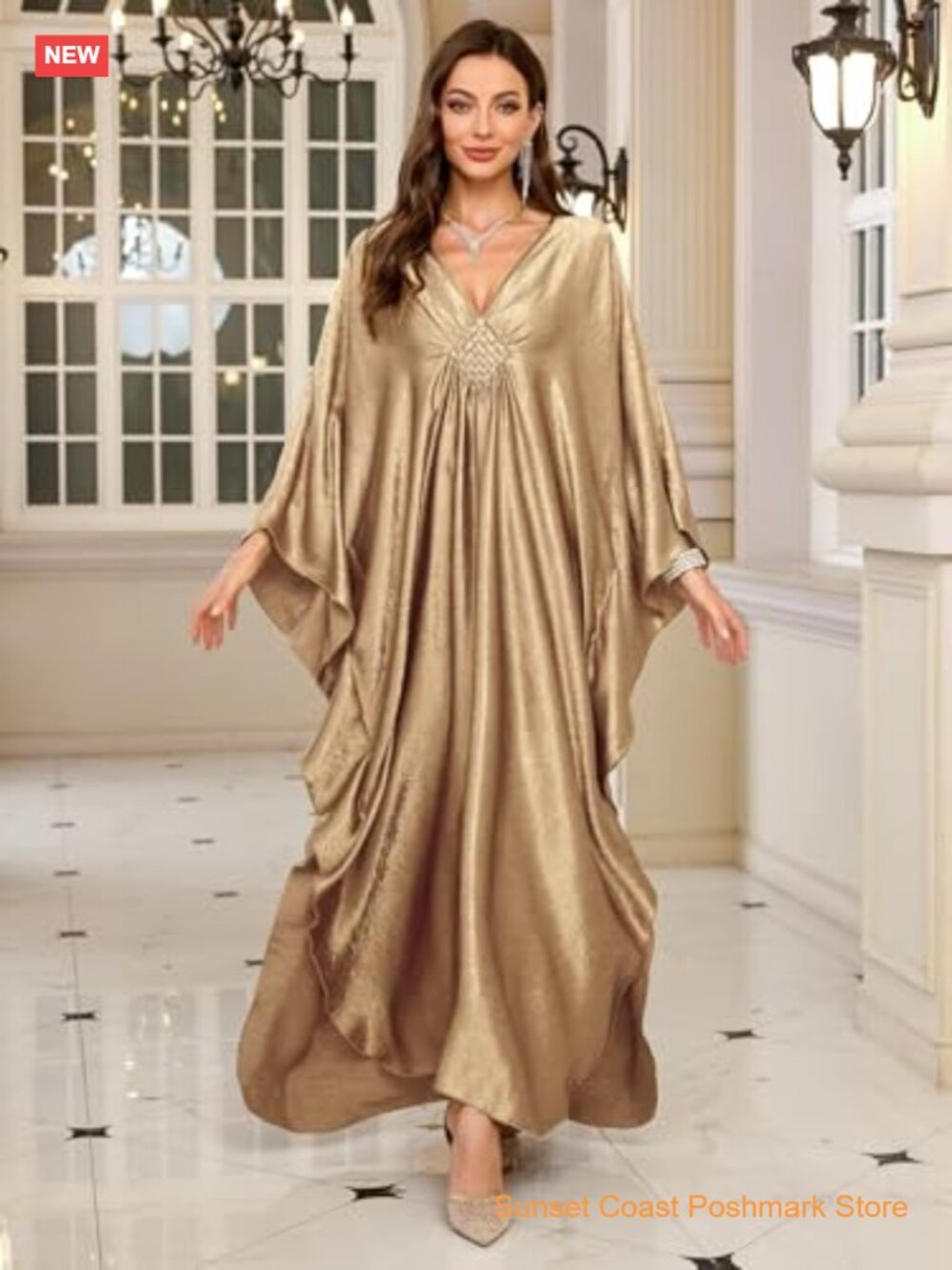 Solid Chiffon Plus Size Kaftan Dress Maxi Beach Cover Up Batwing Sleeve - Picture 4 of 7